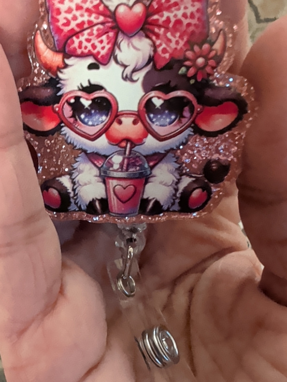 Cute Heart Sunglasses Cow Badge Reel - Pink Glitter